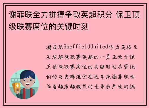 谢菲联全力拼搏争取英超积分 保卫顶级联赛席位的关键时刻 谢菲联全力拼搏争取英超积分 保卫顶级联赛席位的关键时刻