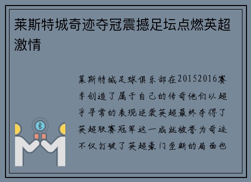 莱斯特城奇迹夺冠震撼足坛点燃英超激情